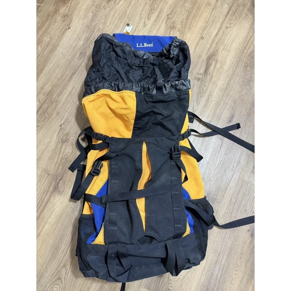 Vtg L.L BEAN Blue Yellow Hiking Camping Backpack Pack-Out Heavy Duty Rucksack